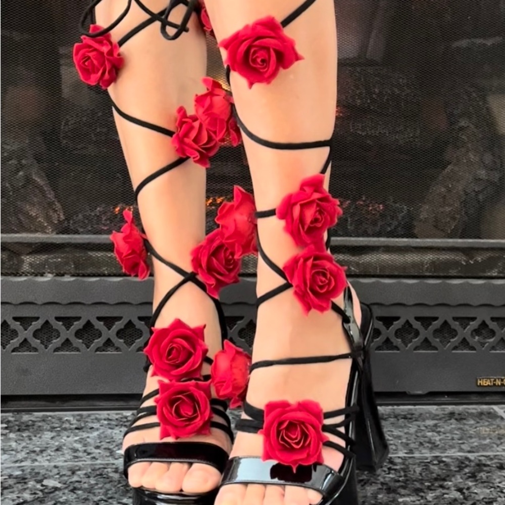 Sugar Thrillz Dolls Kill Black Platform Heel with Red Rose Straps Size 8
